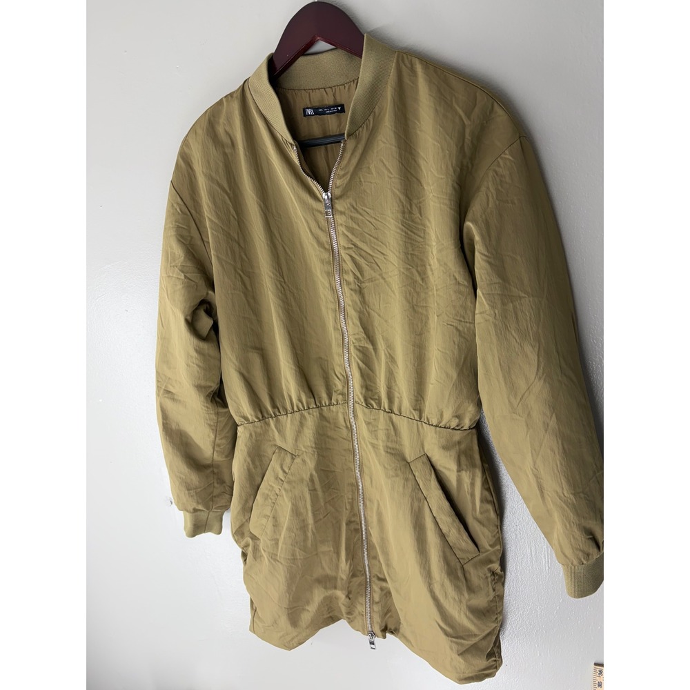 Zara Olive Green Full Zip Bomber Mini Dress Elastic Waist Utility Large